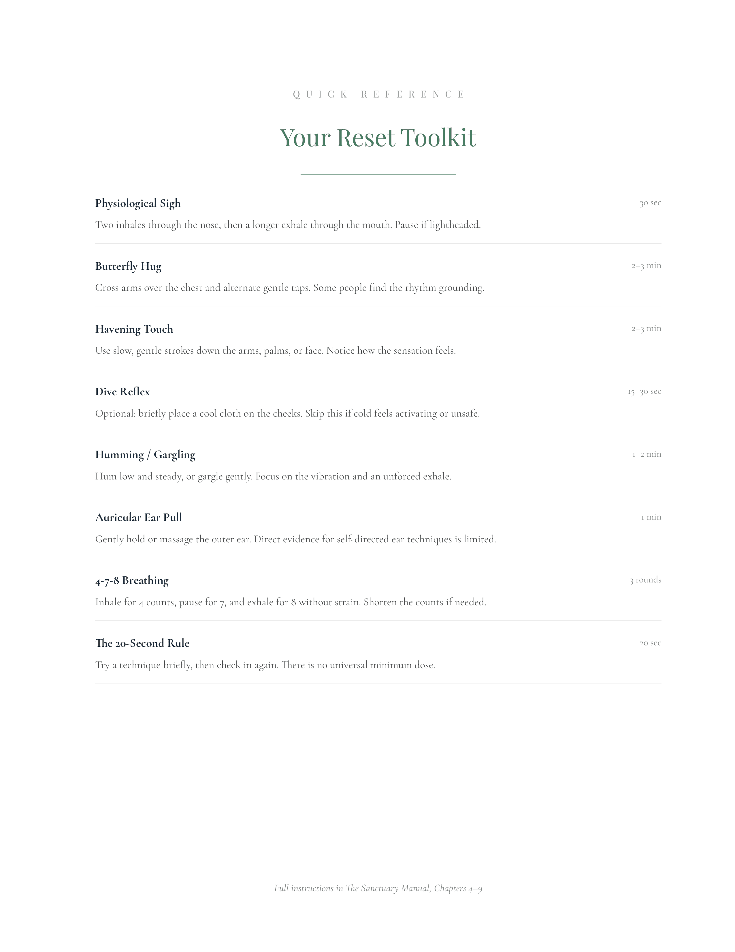 Your Reset Toolkit quick-reference page from the 90-Day Rhythm Journal