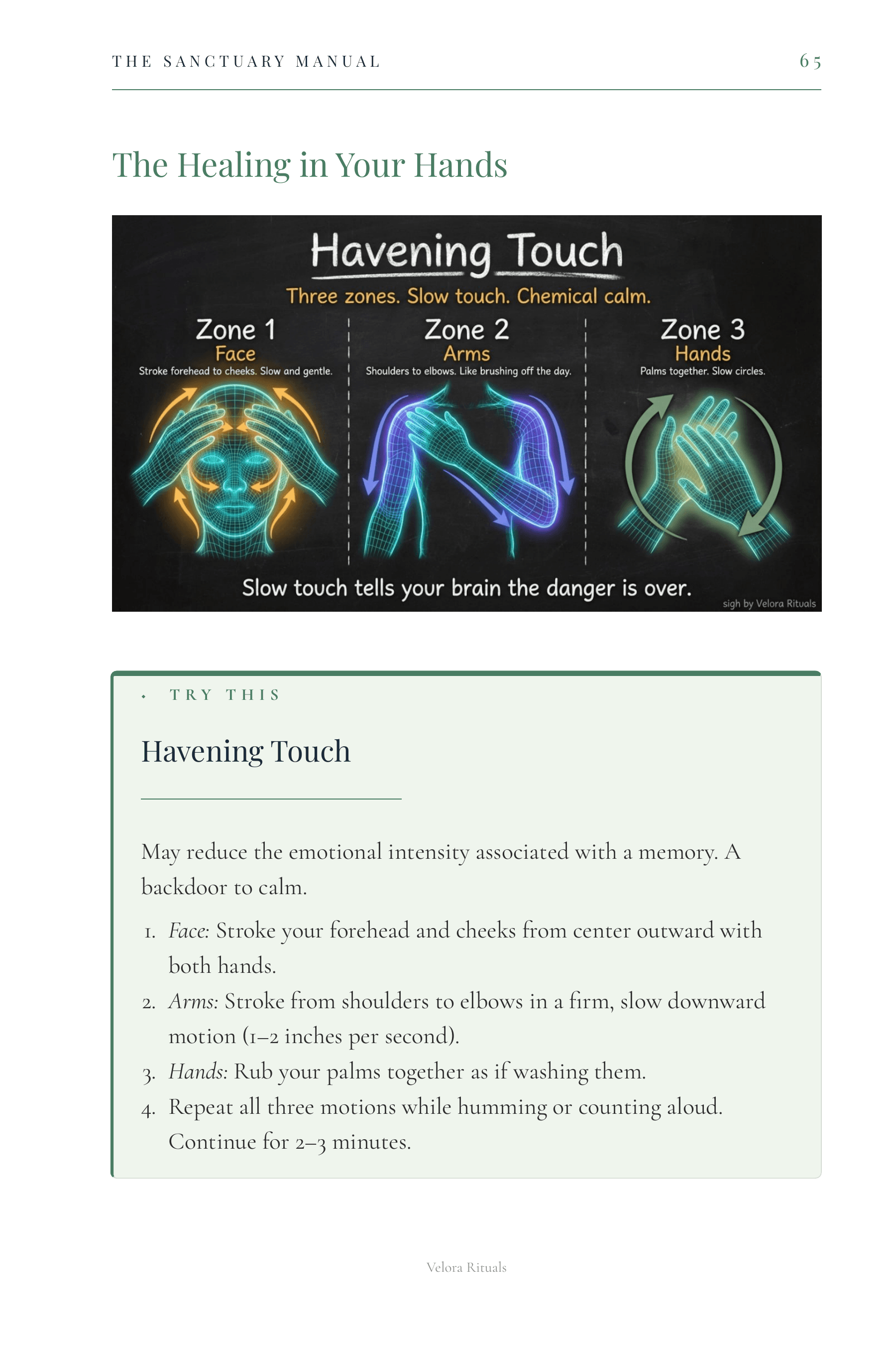 The Healing in Your Hands page with a three-zone Havening Touch wireframe