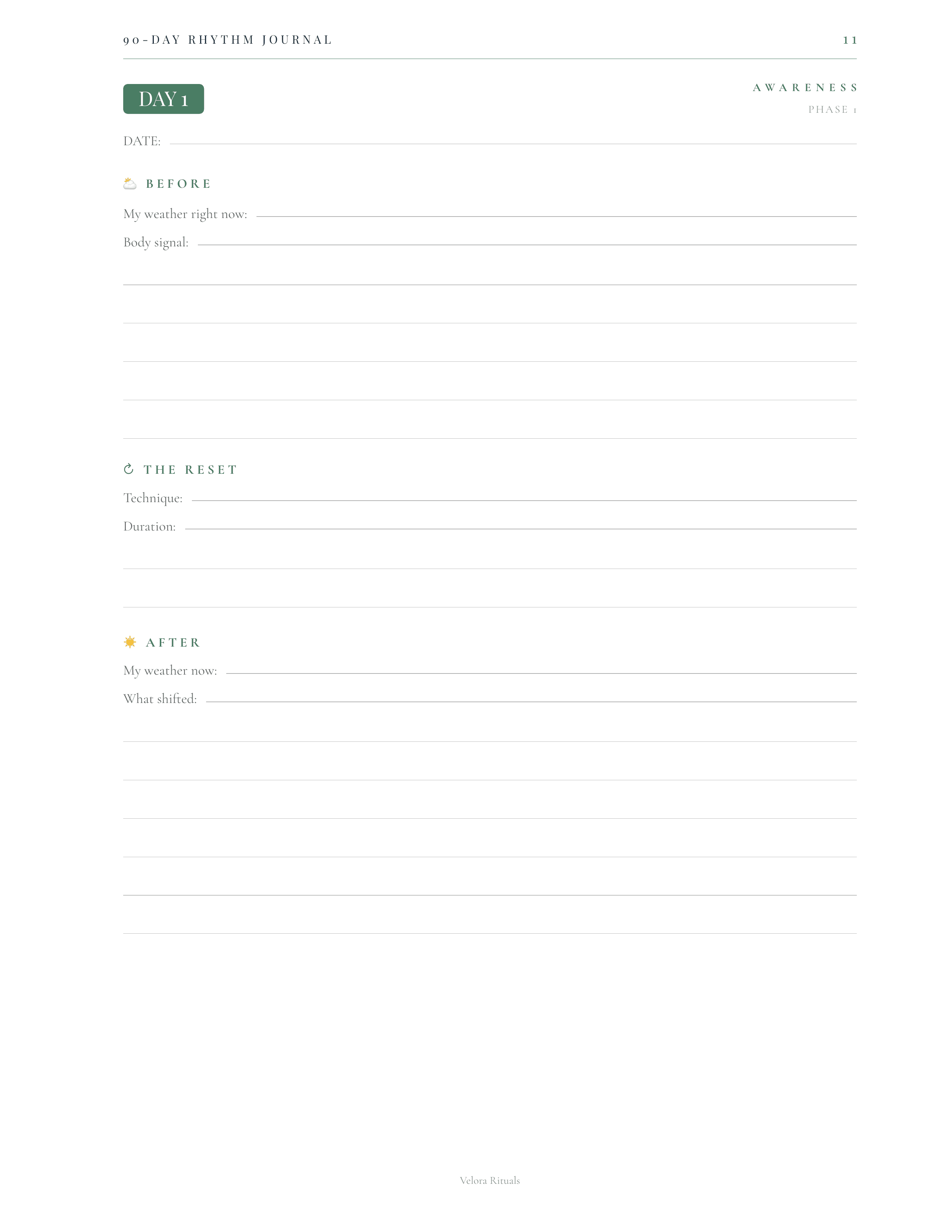 Empty Day 1 Awareness page with Before, The Reset, and After sections